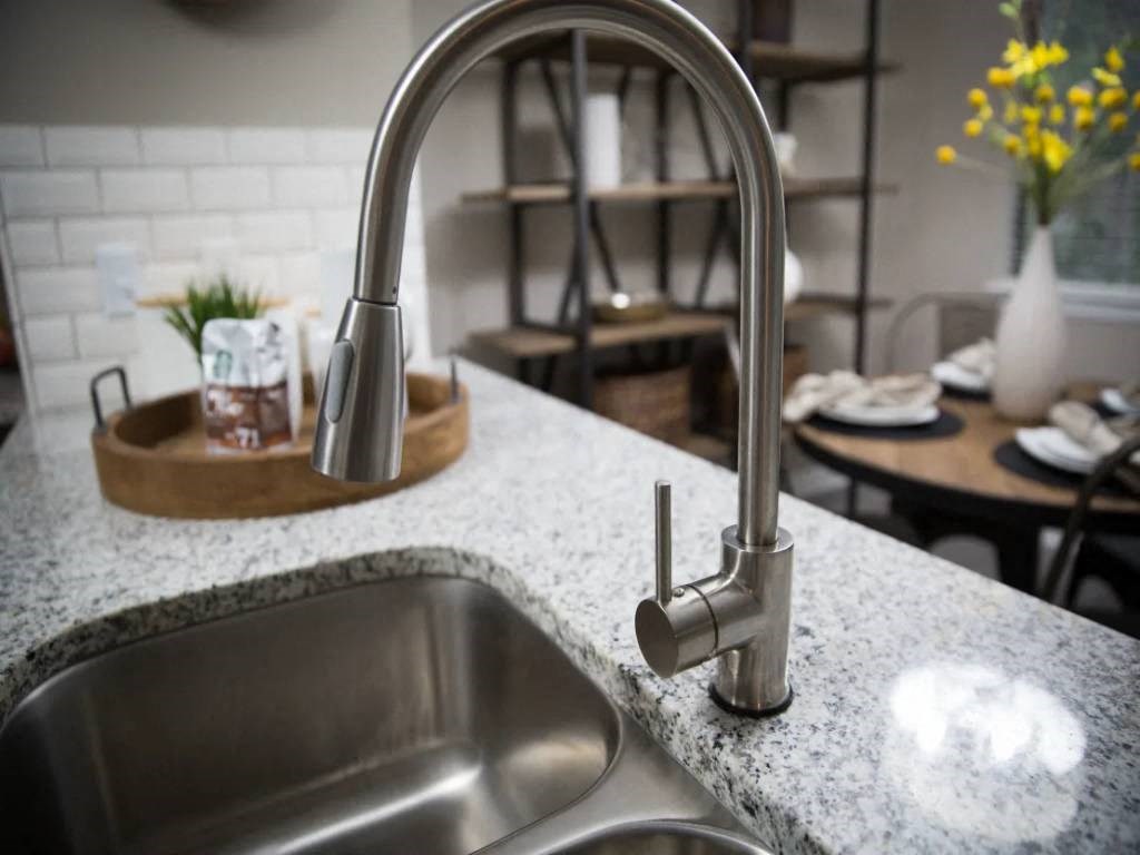 a kitchen with a sink and a faucet