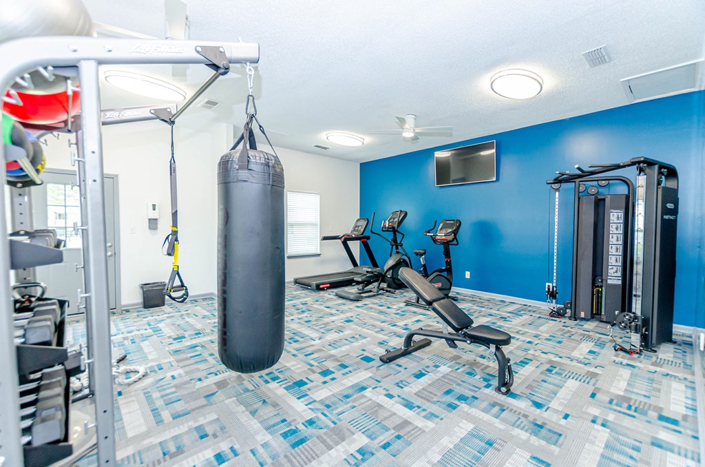 a gym with a punching bag hanging from the ceiling
