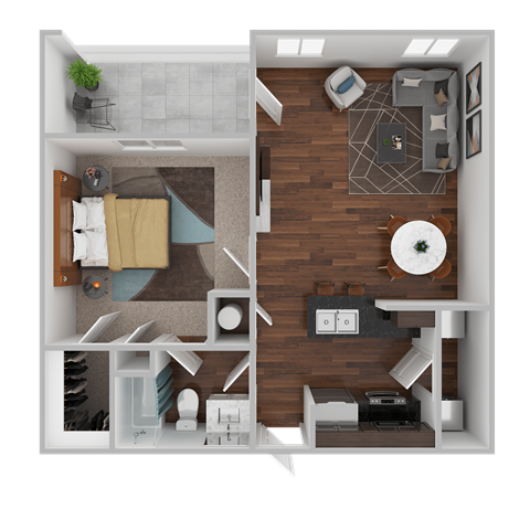 a rendering of the 1st floor of a 1 bedroom apartment at Century HomePlace, Alabama