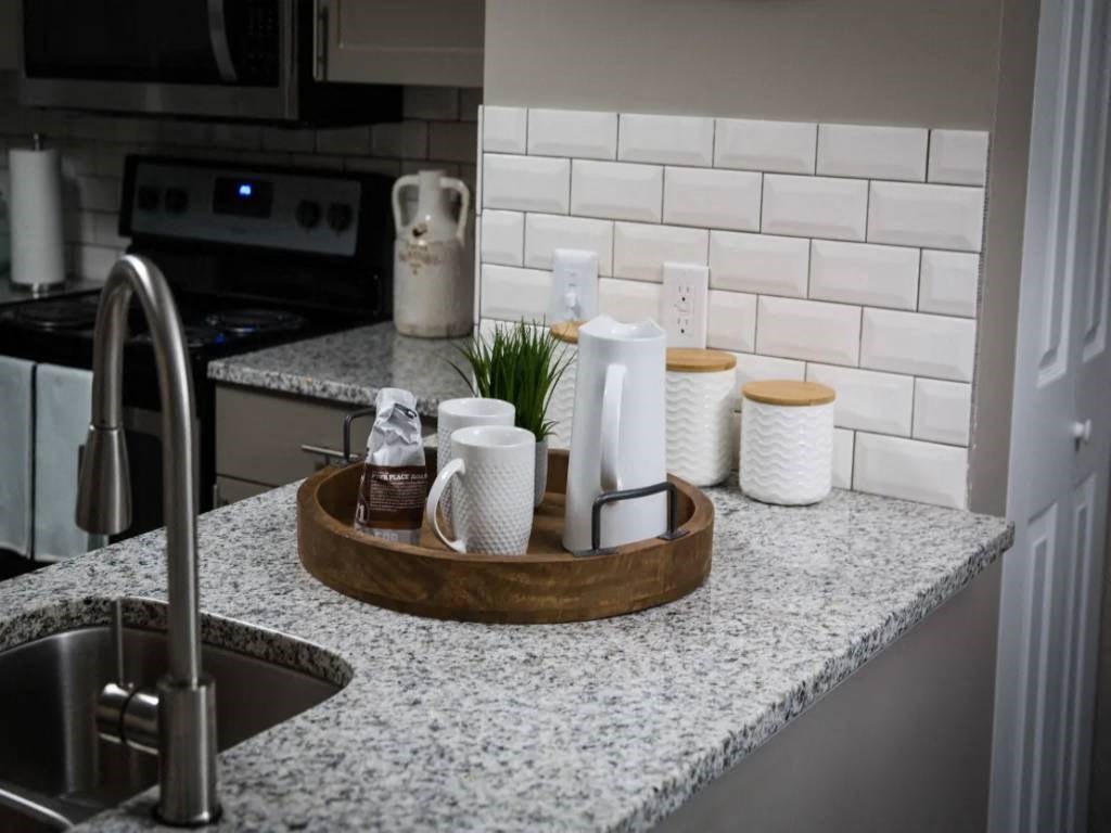 a kitchen with a sink and a counter top