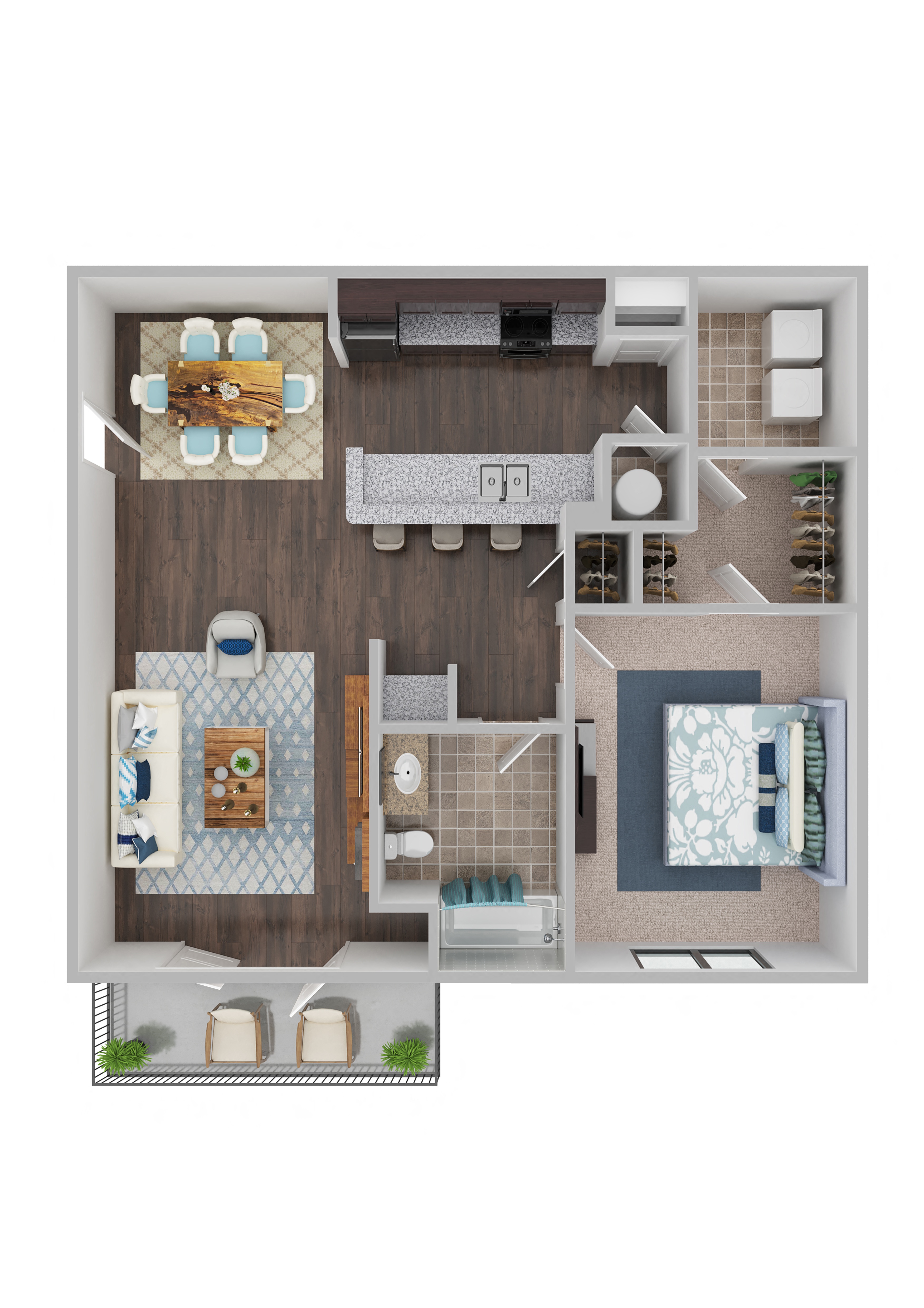 A top-down view of a house layout with a kitchen, living room, dining area, and bathroom.