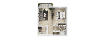 A top-down view of a small, well-organized apartment with a kitchen, living room, and bathroom.