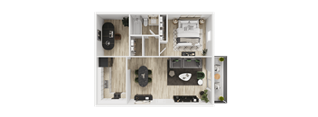 A top-down view of a small apartment with a kitchen, living room, and bedroom.