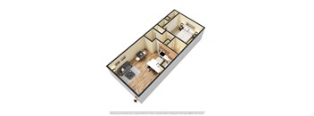 A 3D rendering of a house layout with a kitchen, living room, and bedrooms.