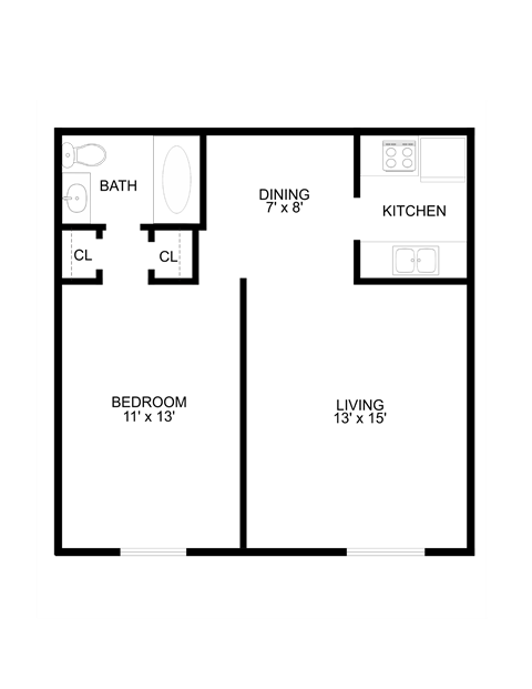 1 Bedroom 1 Bath floor plan 750 sq ft