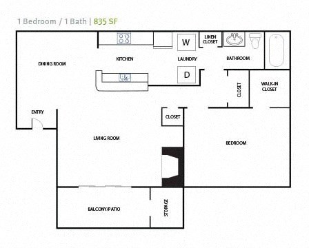 1 Bed 1 Bath Floor Plan at Reserve at Peachtree Corners, Norcross, GA, 30092