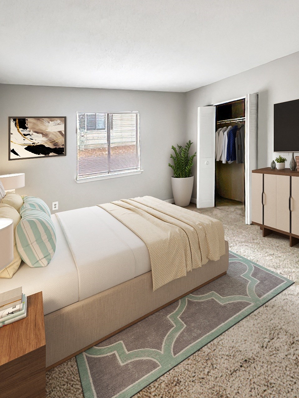 an image of a bedroom with a bed and a closet