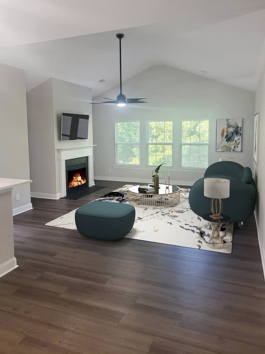 a living room with a couch and a table and a fireplace