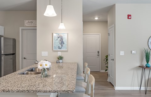A kitchen with a granite countertop and a framed picture hanging above it.