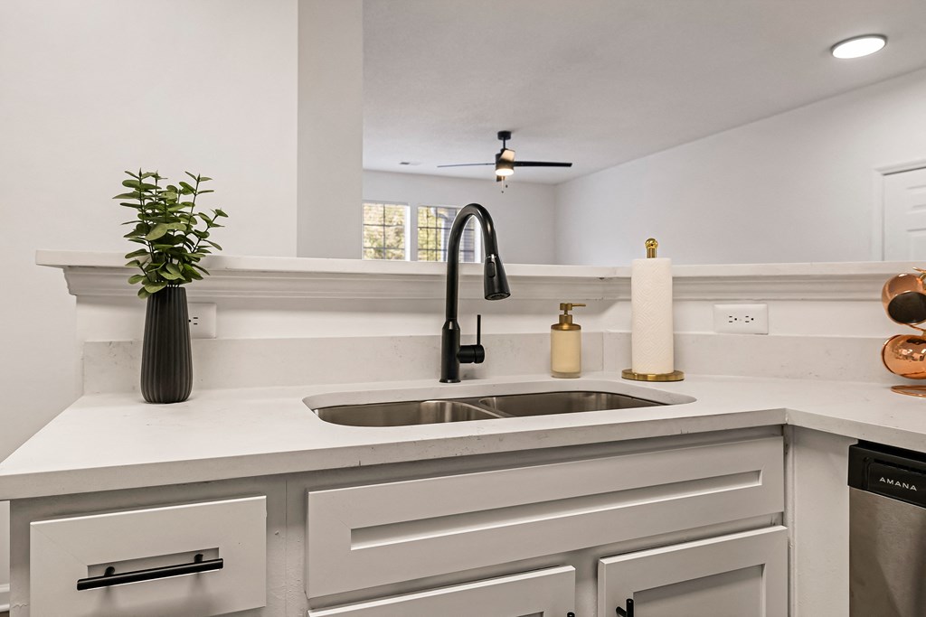 A modern kitchen with a white countertop and a stainless steel dishwasher.