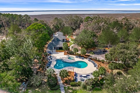 A house with a pool surrounded by trees.