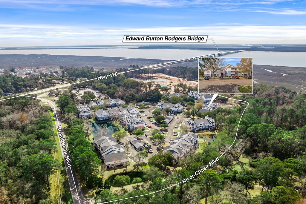 An aerial view of a residential area with a bridge named Edward Burton Rodgers Bridge.