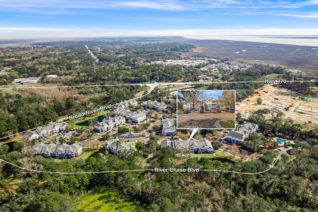An aerial view of a residential area with houses and streets labeled.