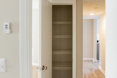 Hallway closet with shelving at Twin Springs Apartments, Norcross, GA