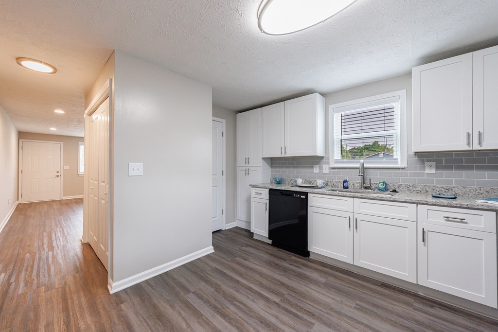 A kitchen with white cabinets and a black dishwasher.