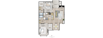 A floor plan of a two bedroom apartment with two bathrooms.