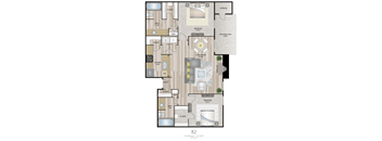 A floor plan of a two bedroom apartment with two bathrooms.