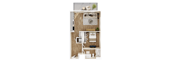 A top-down view of a room with a bed, desk, and chair.