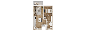 A detailed layout of a small apartment with a kitchen, living room, and bathroom.