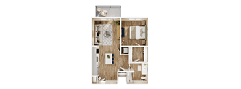 A top-down view of a small apartment layout with a kitchen, living room, and bathroom.