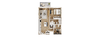 A detailed layout of a small apartment with a kitchen, living room, and bedroom.