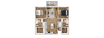 A top-down view of a house layout with a kitchen, living room, and bedrooms.