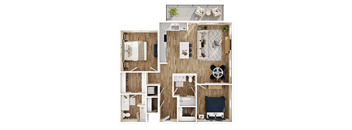 A top-down view of a small apartment layout with a kitchen, living room, and bathroom.