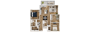 A top-down view of a house layout with a central living area, bedrooms, and bathrooms.