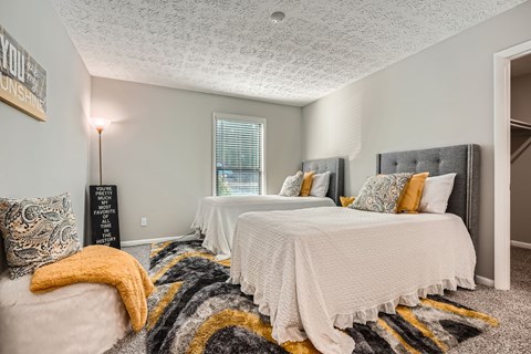 A bedroom with two beds and a rug.