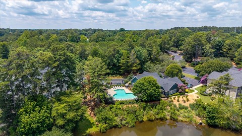 A bird's eye view of a residential area surrounded by trees.