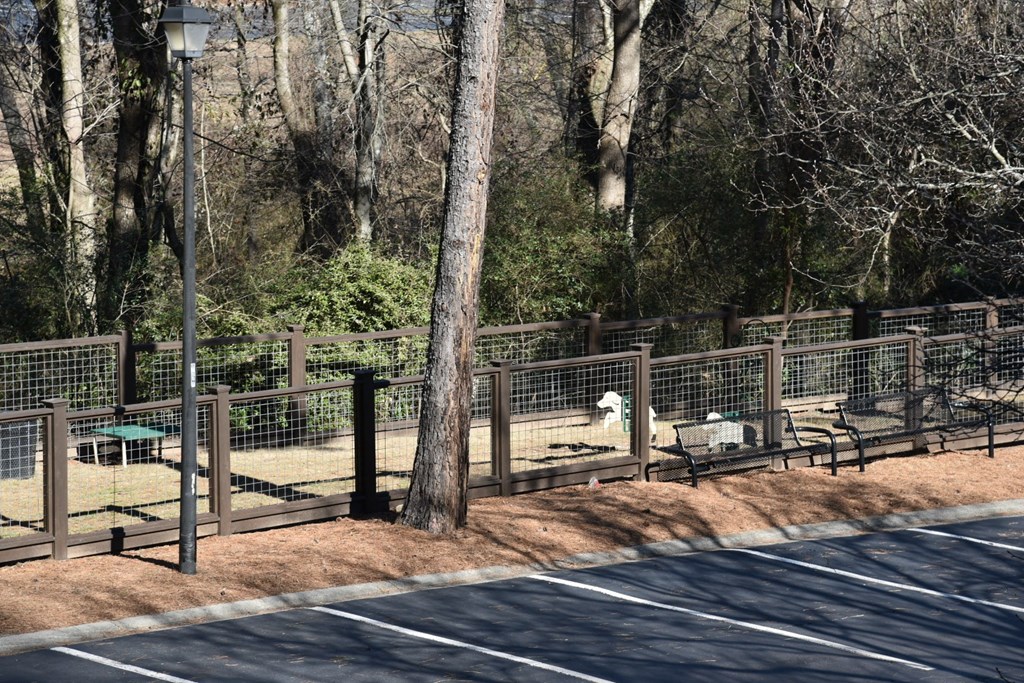 a dog park with benches and a tree at Breckinridge Vue, Georgia
