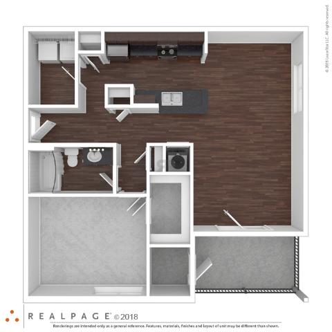 A floor plan of a room with a kitchen, living room, and bathroom.