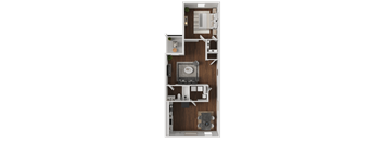 A 3D rendered image of a small apartment layout.