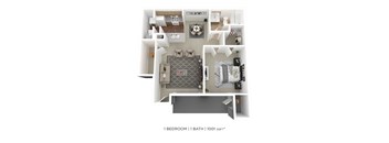 a furnished floor plan of a 1 bedroom apartment