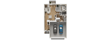 A top-down view of a house layout with two cars parked in the garage.