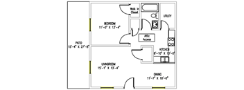 A floor plan of a house with a bedroom, living room, kitchen, dining room, and patio.