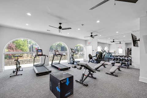 Gym with a variety of equipment including treadmills, stationary bikes, and weight machines at Crescent Place Apartments, Savannah, GA, Georgia
