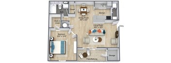 a furnished floor plan with a bedroom and a living room