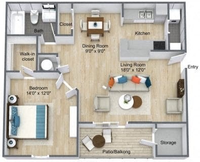 a furnished floor plan with a bedroom and a living room