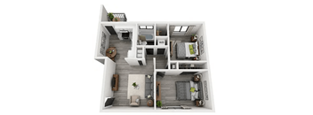 A 3D floor plan of a small apartment with two bedrooms, a living room, and a kitchen.