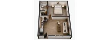 A top-down view of a small apartment with a bedroom, living room, and kitchen.