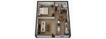 A top-down view of a modern apartment with a bedroom, living room, and kitchen.