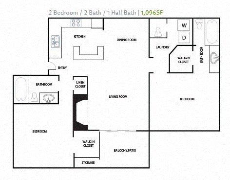 2 Bed 1.5 Bathroom Floor Plan at Reserve at Peachtree Corners, Norcross, GA, 30092