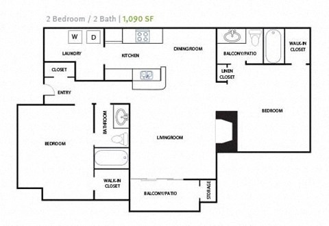2 Bedroom 2 Bathroom Floor Plan at Reserve at Peachtree Corners, Georgia
