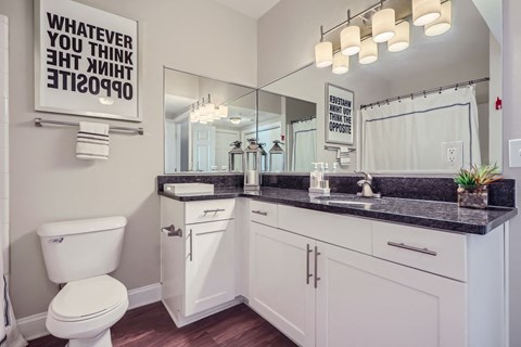 A bathroom with a toilet, sink, and mirror.