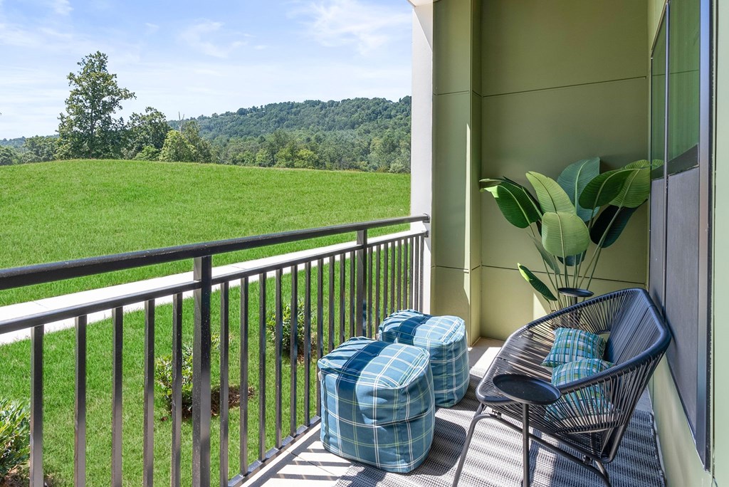 A balcony with a chair and a potted plant overlooking a green field.