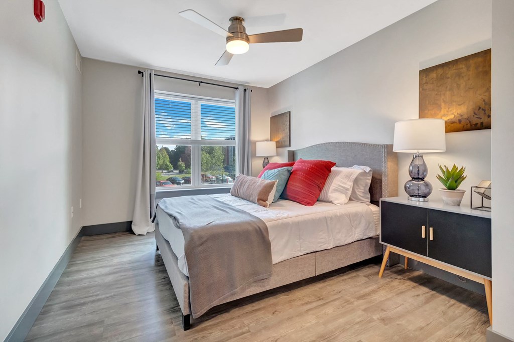 Bedroom With Ceiling Fanat Latitude at South Portland Apartment, Maine, 04106