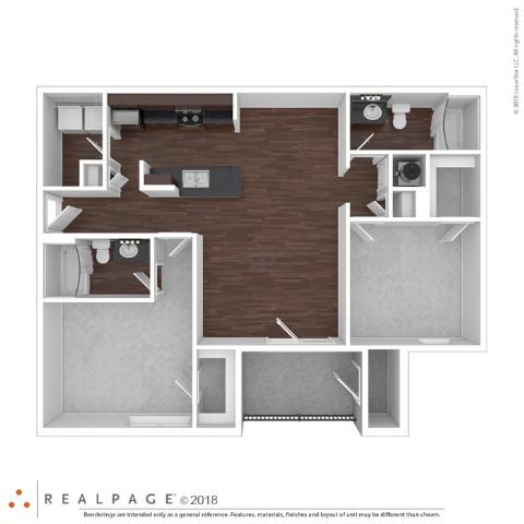 A floor plan of a house with a living room, kitchen, and two bedrooms.