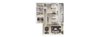 A detailed floor plan of a modern apartment with a living room, kitchen, and two bedrooms.