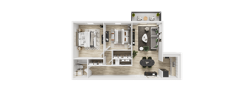 A detailed 3D floor plan of a modern apartment layout.